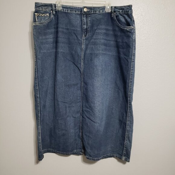 Denim Maxi Skirt 22W Plus Size Long Modest A-Line Straight Rhinestone Blue Jean - Picture 6 of 12